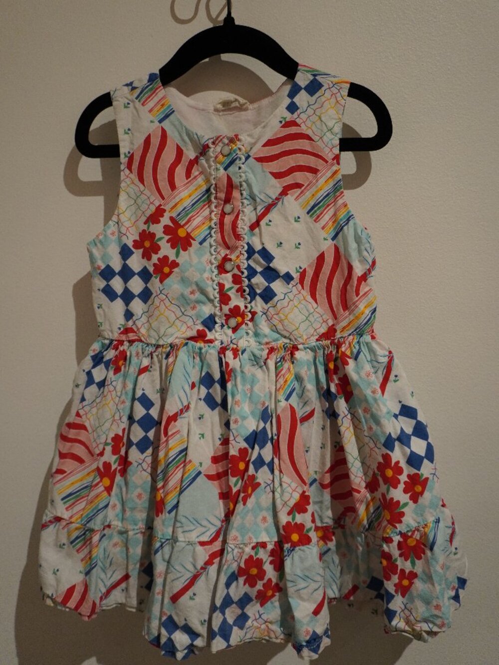 Finding Foxtale Colorful Patchwork Patterned Dress 5T Button Closure Lace Cotton